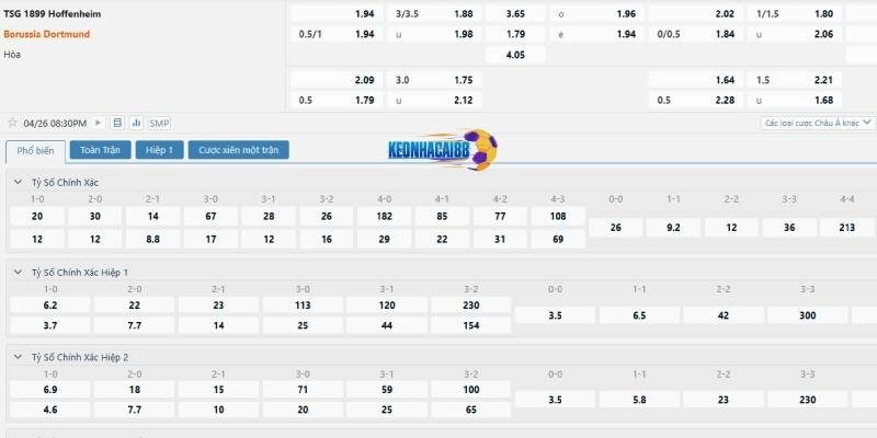 Tỉ lệ kèo trận Hoffenheim vs Dortmund