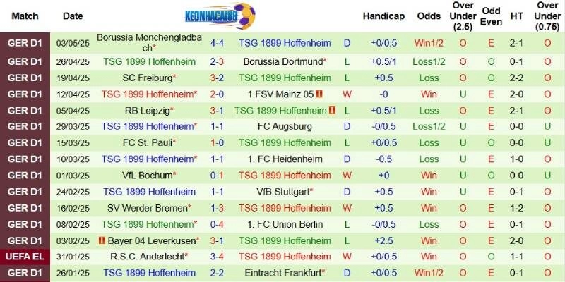 Thành tích mới nhất phía Hoffenheim