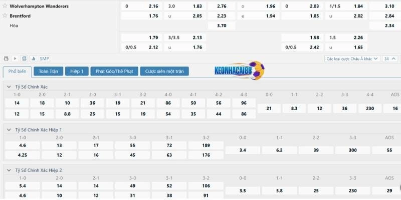 Tỷ lệ kèo trận Wolves vs Brentford